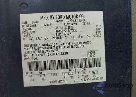 2008 Ford F-150 60Th Anniversary/Fx4/King Ranch/Lariat/Limited/Xlt from USA, damaged, VIN 1FTPW145X8FC04239